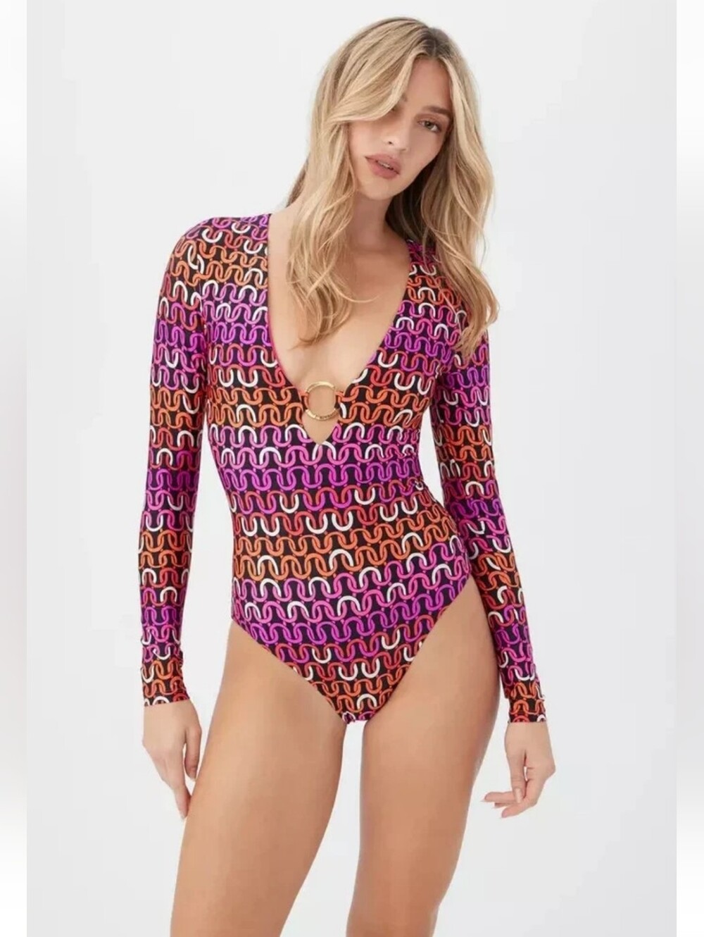 Trina Turk Echo One Piece Bathing Suit Long Sleeve Plunge Neck NWT XS